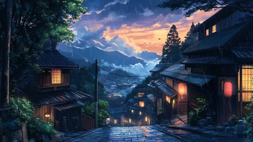 Lantern-lit hillside street dreaming under a rainy dusk sky.