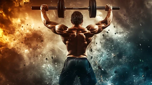 Muscular athlete lifts barbell amid explosive dual-color storm