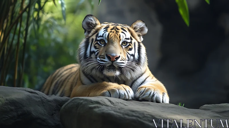 Resting tiger portrait in soft jungle light on stone ledge.