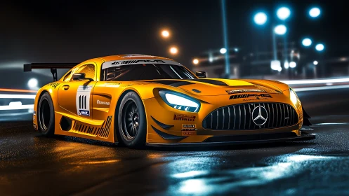 Aerodynamic GT3 race coupe under nocturnal circuit luminance.