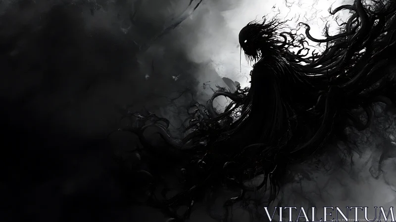 Shadow wraith silhouette with swirling tendril cloak in fog.