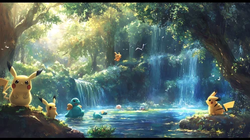 Pokemon habitat at luminous forest waterfall ecosystem.