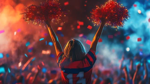 Cheerleader lifts red pom poms above crowd in stadium light