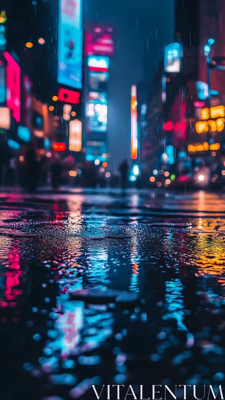 Neon-saturated rainy boulevard with shallow depth reflections.