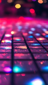 Neon tiles hum softly while city lights blur into glitter