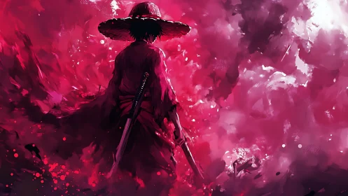 Samurai silhouette in crimson atmospheric digital painting.