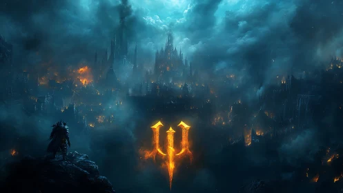 Armored silhouette surveys burning gothic city under turbulent clouds