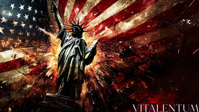 Statue of Liberty amid explosive abstract US flag burst.