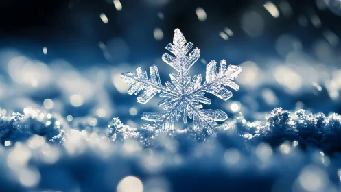 Macro examination of hexagonal snowflake with bokeh field.