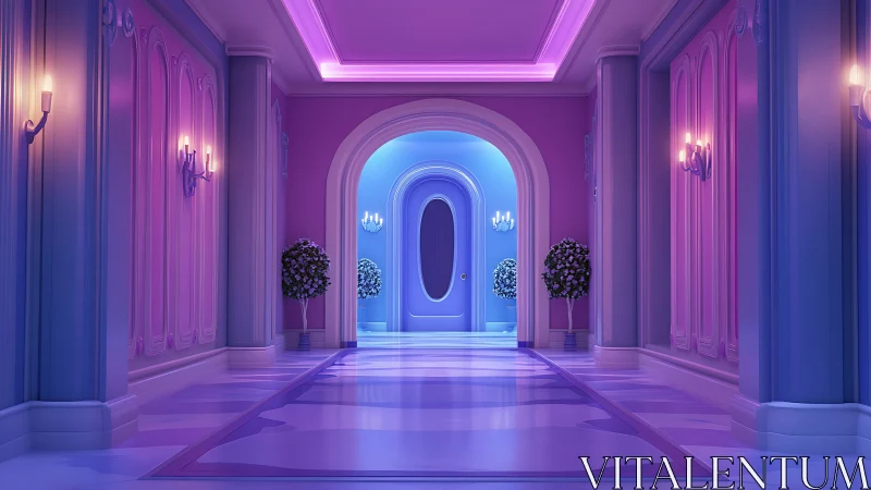 Luminous Corridor: A Neoclassical Hallway in Purple and Blue.