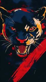 Aggressive Feline Head with Intense Eyes in Bold Color Block Style