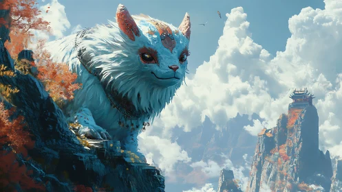 Giant white spirit cat overlooks misty mountain temples