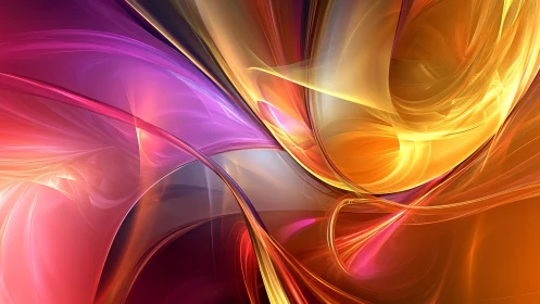 Abstract flowing ribbons in warm pink, purple, and gold.