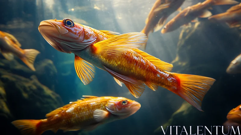 High-detail golden fish school illuminated by volumetric rays