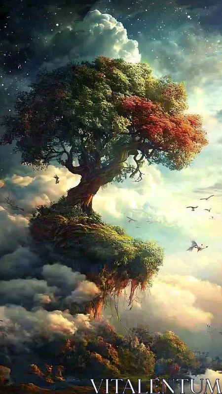 Floating dreamtree above the clouds in glowing twilight.