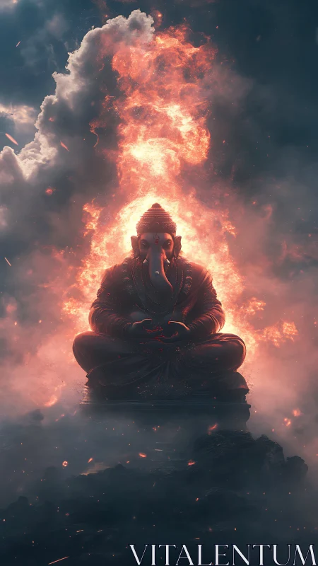Fiery cloud halo crowns meditating elephant-headed deity