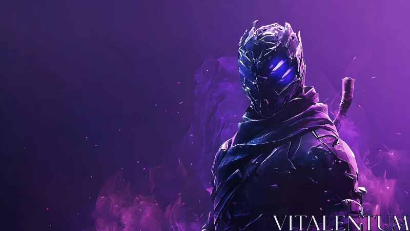 Shadow-forged cyber ninja amid glowing violet flames.
