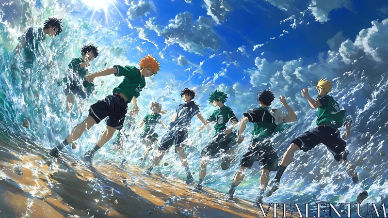 Energetic anime athletes training through crashing surf waves.