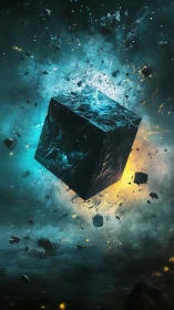 Cosmic energy cube drifting through glowing stardust.