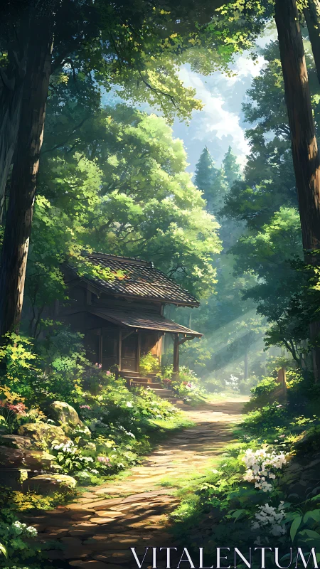 Forest cottage bathed in golden sunlight through ancient trees.