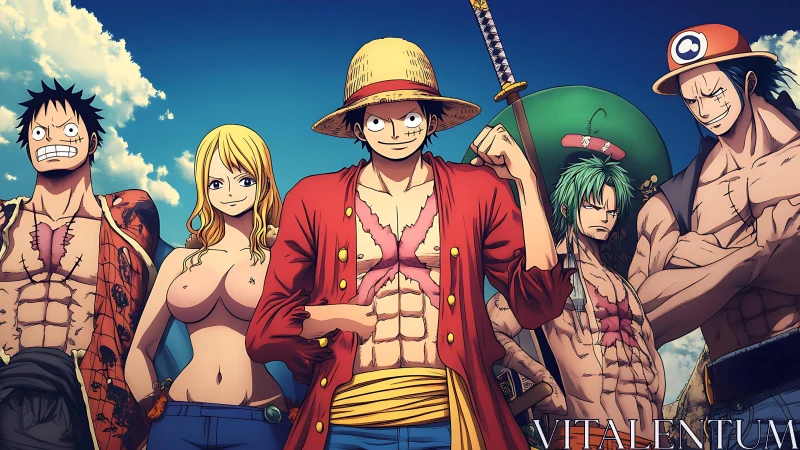 Anime pirate crew stands confident under bright summer sky