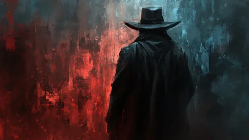 Lone silhouette in coat divides red and blue abstract field