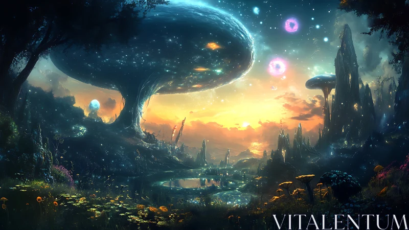 Alien forest landscape shows glowing sky and giant tree
