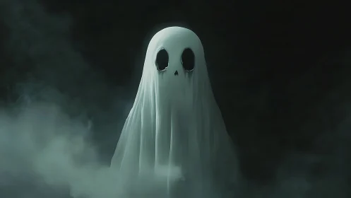 Ghostlike draped figure in mist against dark background.