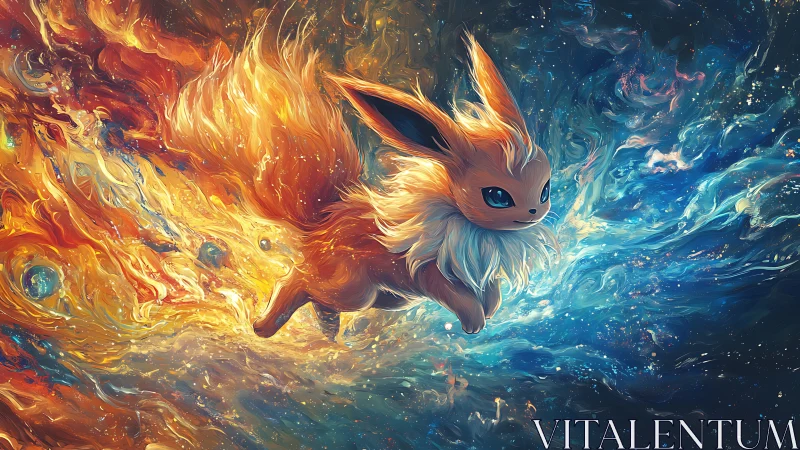 Elemental fox creature leaping through cosmic firestorm.