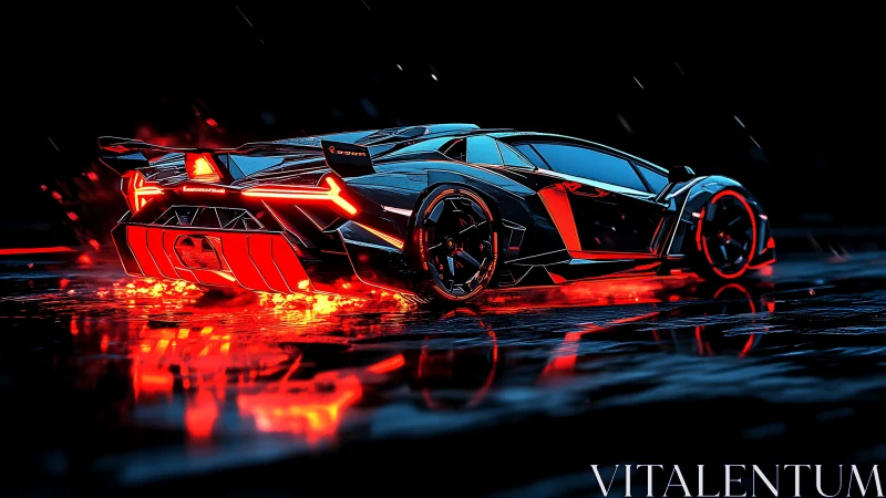 Neon-lit supercar blazing through a rain-soaked night street.