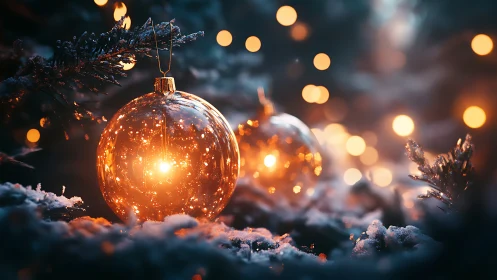 Snow-kissed baubles cradle warm starlight in dusk-bloomed pine.