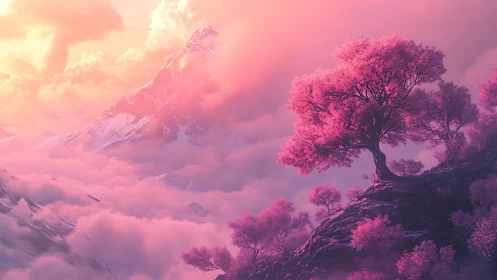 Dreamy pink trees glow softly above misty mountain clouds