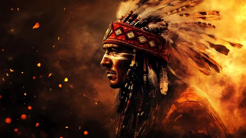Warrior profile in feathered headdress amid embered smoke.