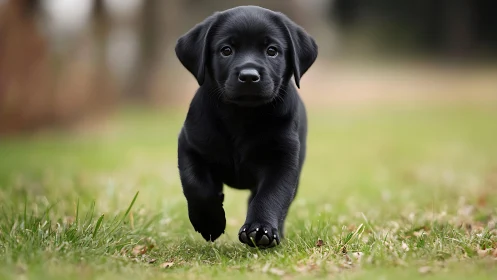 Playful black labrador puppy trotting across soft green grass.