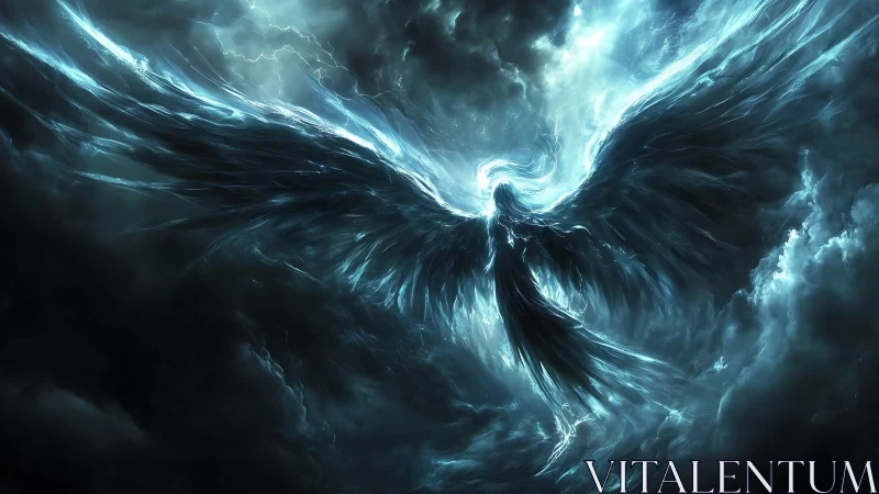 Luminous winged spirit rises boldly from stormlit clouds