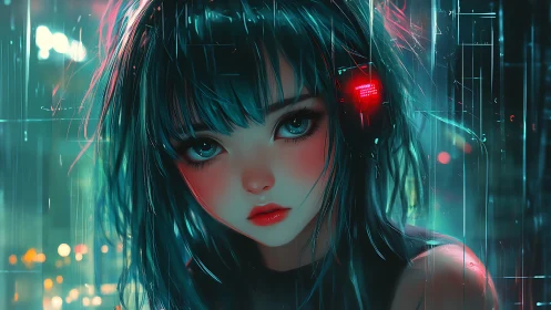 Neon-eyed cyber girl gazes through rain-soaked city lights.