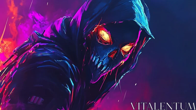 Neon hooded reaper glows amid blazing cyberpunk flames.