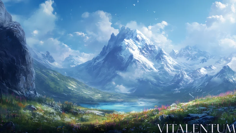 Snow-covered mountain range above alpine lake and meadow.