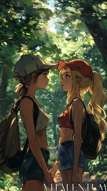 Forest light pauses as two hikers trade a quiet promise