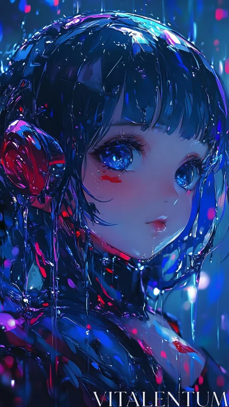 Cyberpunk girl portrait under neon rain with reflective lights