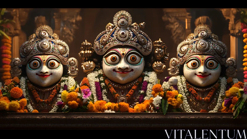Jagannath triad altar with ornate crowns and floral garlands