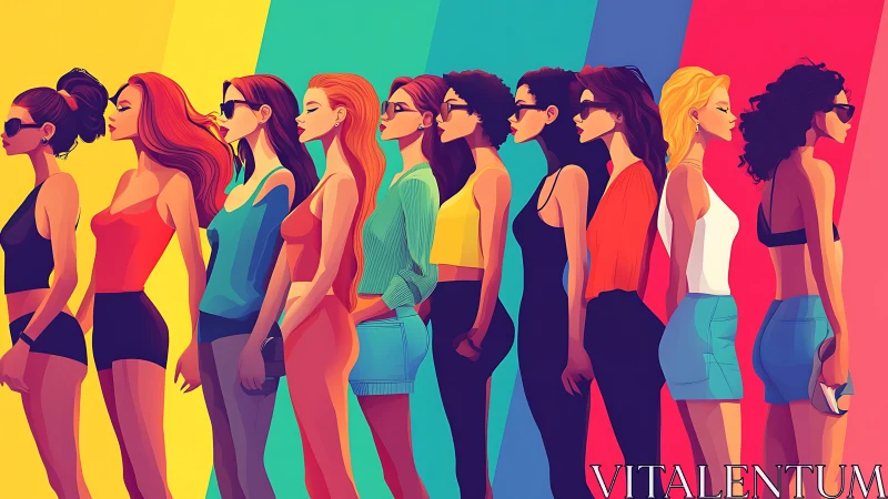 Stylish Women Lined Up in Colorful Pop Art Illustration.
