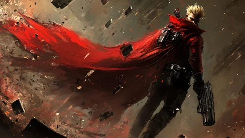 Red‑coated gunfighter strides through debris field storm.