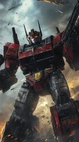 Battle-worn mecha titan advances through debris-filled storm sky