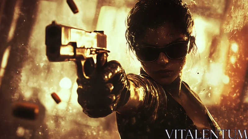 Midnight gunslinger strides through molten city light.