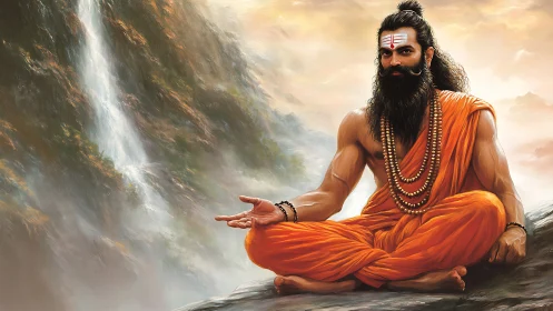 Mountain sage in saffron robes greeting the roaring waterfall.