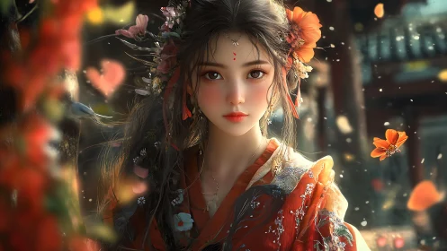 Gentle young woman in floral hanfu glows in soft evening light