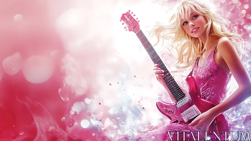 Pink electric guitarist in glittering dreamy light storm.
