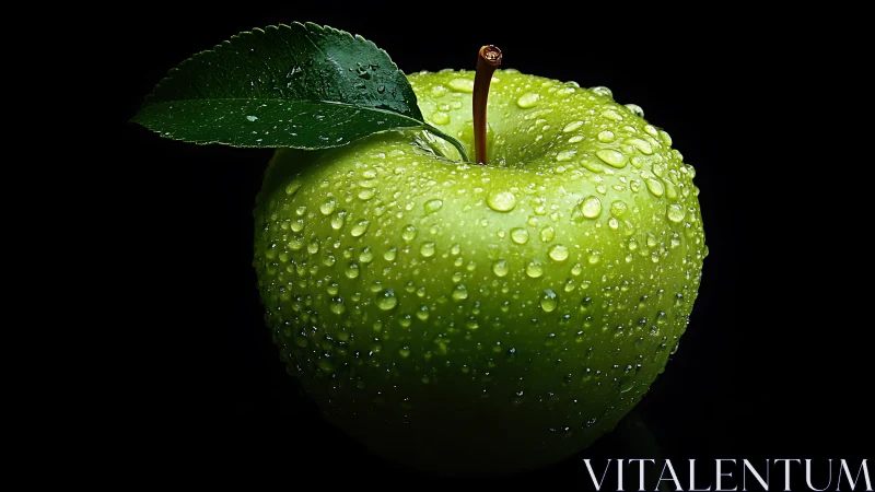 Dewy green apple glows against a dramatic black backdrop