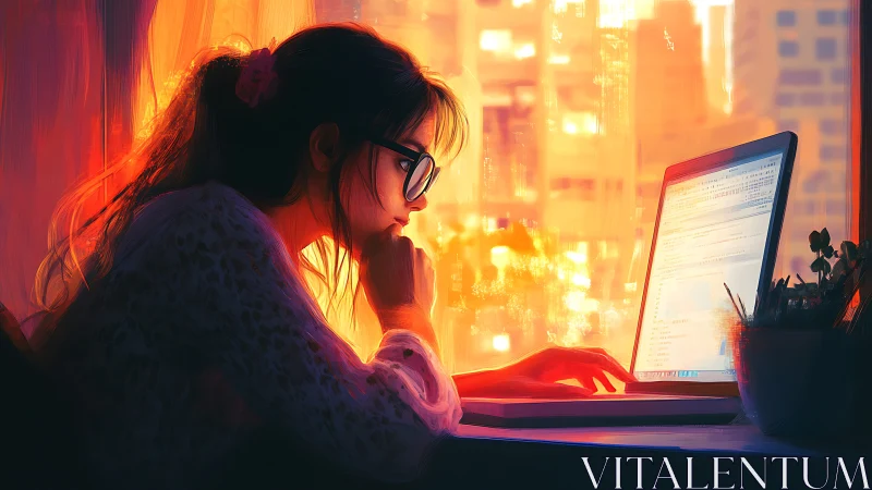 Sunlit coder drifts through neon-tinted evening focus glow.